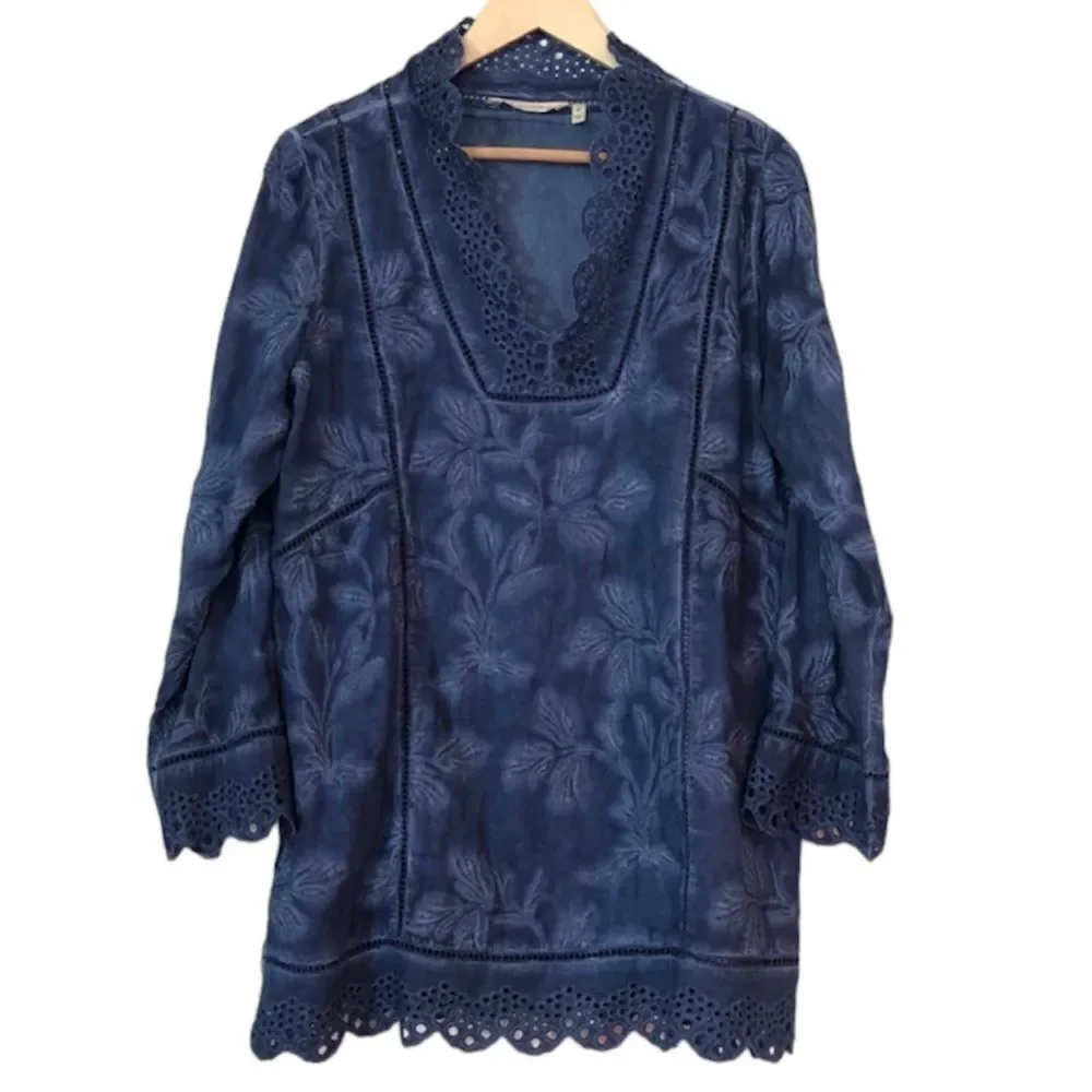 Soft Surroundings Embroidered Tunic Eyelet Blouse Breezy Lagenlook Top Medium - Picture 1 of 9